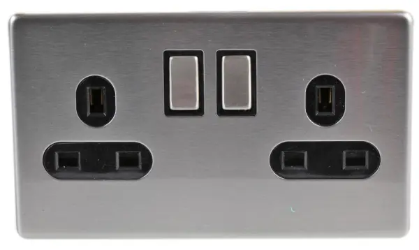 PRO ELEC Screwless 2 Gang Switched Socket, 13A, Stainless Steel