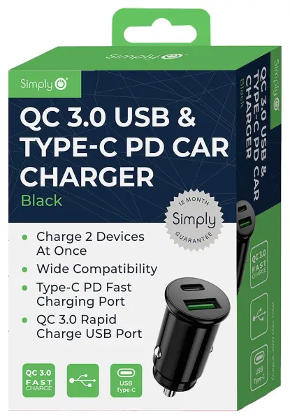 SIMPLY USB QC3 & PD Vehicle Charger 1x USB-A 1x USB-C