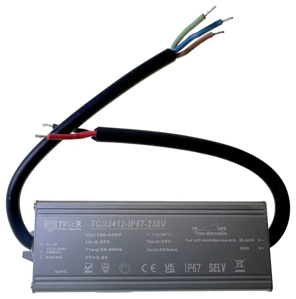 Tiger Power Triac LED Driver 24V DC 500mA 12W, IP67 Indoor & Outdoor