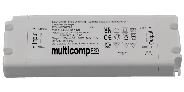Multicomp Pro AC/DC Triac Dimmable LED Driver - 12V 5A 60W