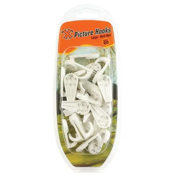 Hard Wall Hooks Large, White Nylon, 20pk