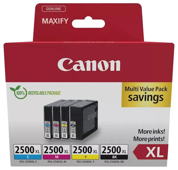 Canon High Yield Genuine Ink Cartridges Multipack, 2500XL CMYK