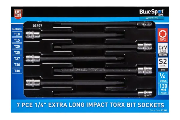Blue Spot Tools - 7 Keping Soket Bit Torx Impak Ekstra Panjang, 1/4-130mm
