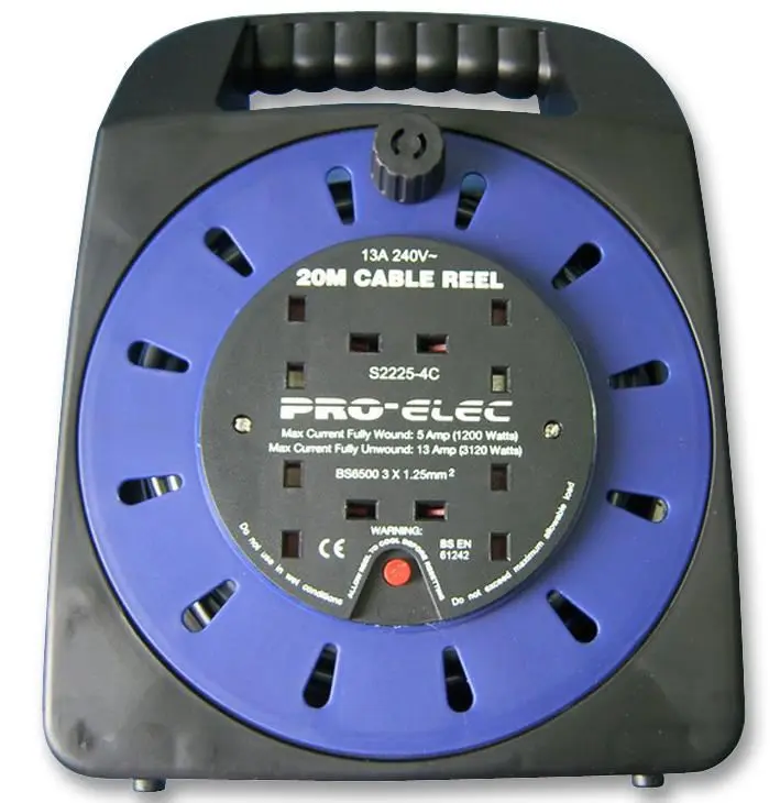 PRO ELEC Enrollable Extensión 4 Enchufes 13A, 20m, Estilo Bandolera