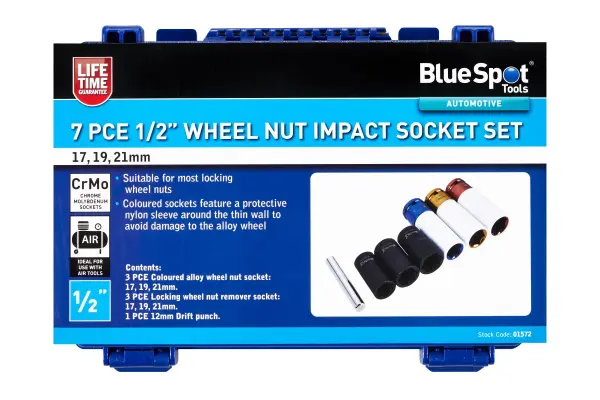 Blue Spot Tools - Set Soket Perlah Bolt Roda ½” 7 Keping (17,19,21mm)