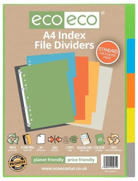 ECO-ECO A4 Multicoloured Index File Dividers, 5 Pack