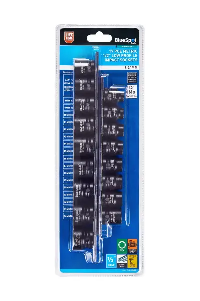 Blue Spot Tools 17合1公制1/2英寸矮型冲击套筒组 (8-24mm)