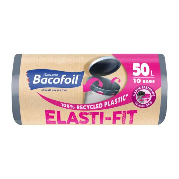 Bacofoil Elasti-Fit Kitchen Bin Liners, 50 Litre, 10 Pack
