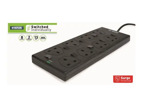 STATUS® - Ciabatta Elettrica 8 Prese con Interruttori Individuali 13A 2m Nero