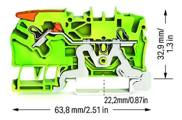 WAGO 2 Conductor Ground Terminal Block Lever Push In Cage Clamp, 35mm DIN Rail