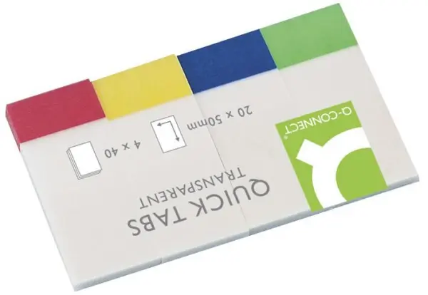 Q Connect Transparent Coloured Sticky Quick Tabs, 50x20mm, Pack of 160 (40 Per 