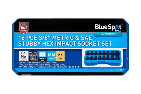 Blue Spot Tools 16件套 3/8英寸 公制/英制短型冲击套筒组