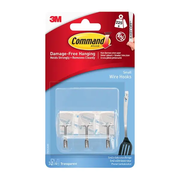 Command Small Clear Wire Hooks, 225g Limit, 3pk