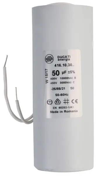 Ducati Motor Run Capacitor 50 µF, 450 V, Wire Leaded, ± 5%, 4.16.10 Series