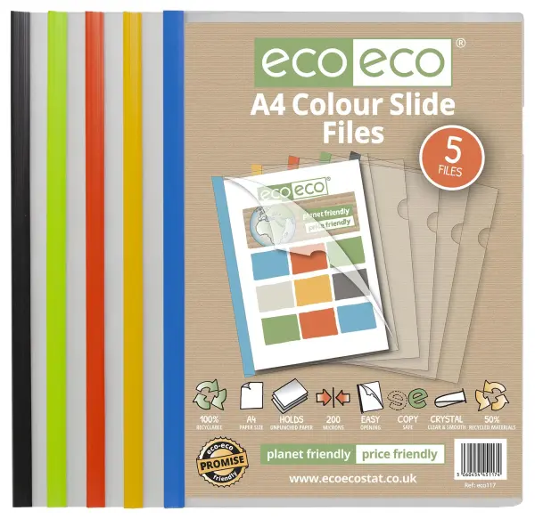 ECO-ECO A4 Easy Slide Document Files, Assorted Colours, Pack of 5