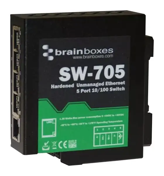 BRAINBOXES 5-Port Industrial Ethernet Switch, DIN Mountable, -40°C to +80°C