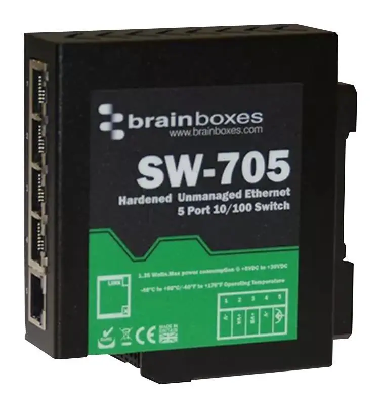 BRAINBOXES - Lascthóir Ethernet Tionsclaíoch 5-Port, Suiteáilte ar DIN, -40°C –