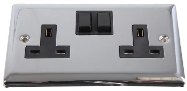 Volex Prise Double 13A Bipolaire à Interrupteur, Chrome Poli/Noir