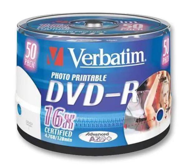 Verbatim 16x DVD-R Blank DVDs, Inkjet Printable, 50-Pack