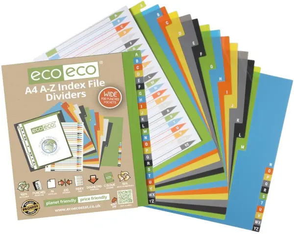 ECO-ECO A-Z Wide Index File Dividers, A4, 50% Recycled, Set of 24