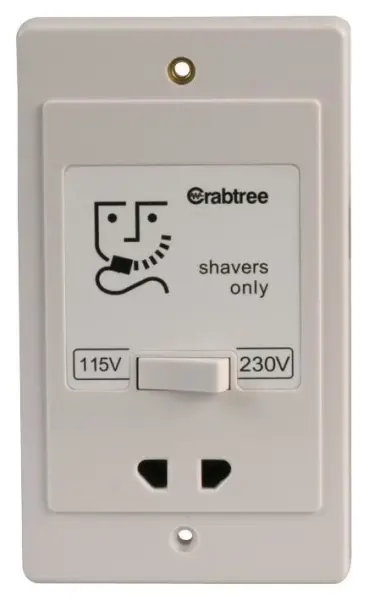 CRABTREE Dual Voltage 230V/115V Shaver Socket, White, Surface Mount