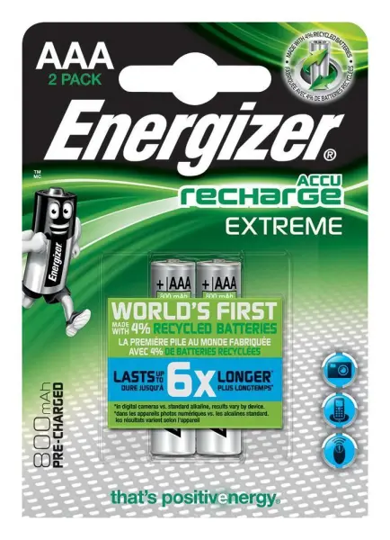 Energizer oplaadbare NiMH AAA-batterijen 800mAh, 2-pack