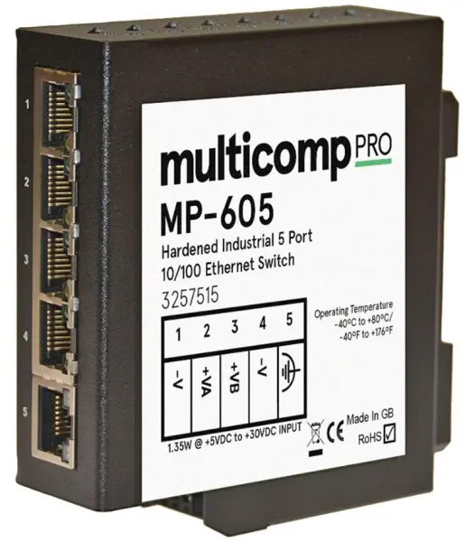 Multicomp Pro 5-Port Industrial Ethernet Switch, DIN Rail Mount