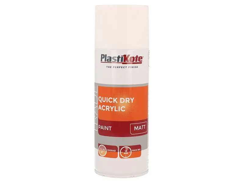 PlastiKote Quick Dry Acrylic Spray Paint - Matt White, 400ml