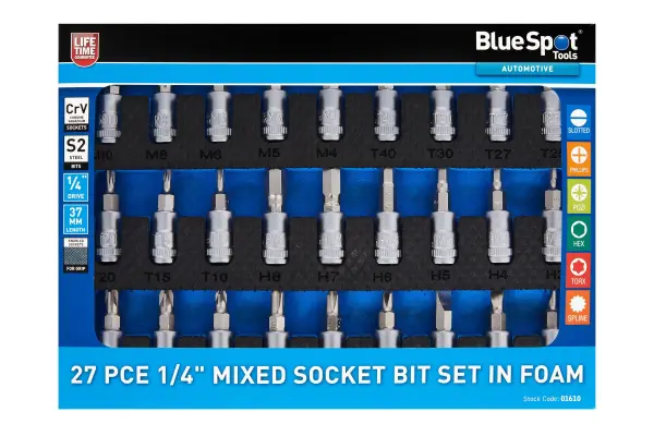 Blue Spot Tools - Set Soket Bit 1/4in Campuran 27PCE dalam Foam