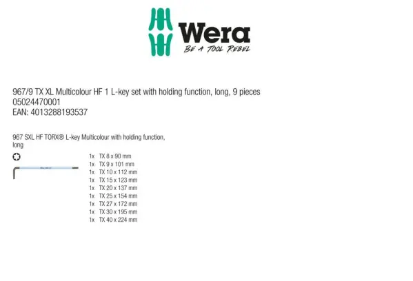 Wera 967/9 TX XL Multicolour TORX L-Key Set, 9-Piece, 415 g