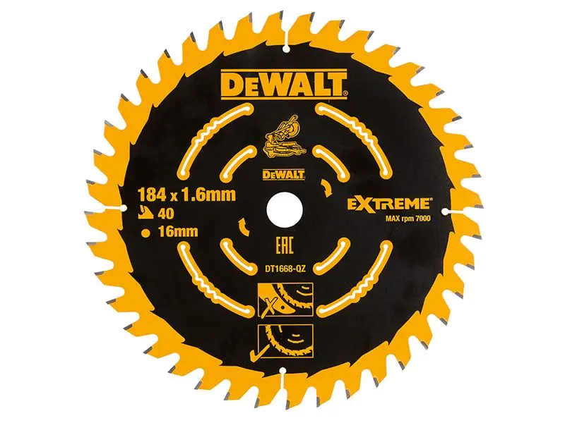 DeWalt Sábh Ciorclach Mitre gan Sreang - 184mm, 40T, Críochnú Míne