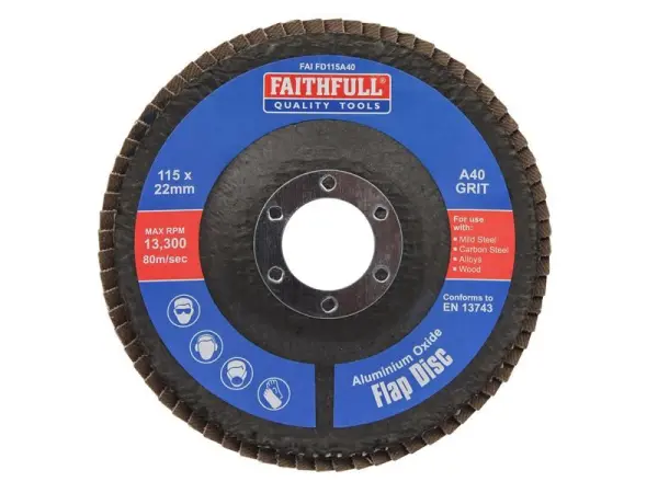 Faithfull Aluminium Oxide Flap Disc, 115mm x 22mm, 40 Grit