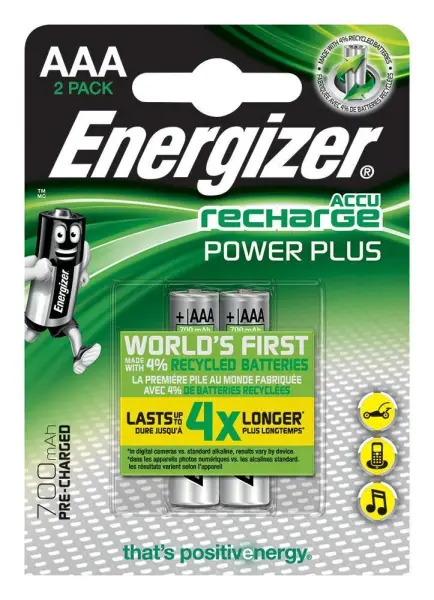 Energizer Ricaricabili Power Plus AAA NiMH 700mAh, Confezione da 2