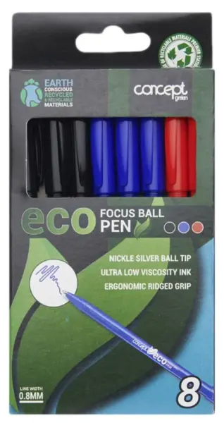 Premier Concept Green Eco Ballpoint Pens, 0.8mm, Assorted Colours, Pack of 8