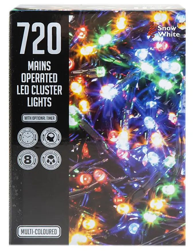 SNOW WHITE Luzes LED em Cluster 720 LEDs, Interior e Exterior, 9m, Multicolores