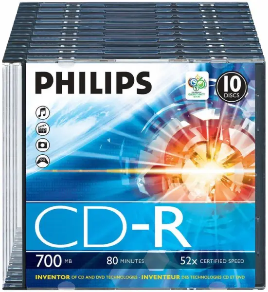 PHILIPS 52x Speed CD-R Blank Discs, 10-Pack, Slim Case