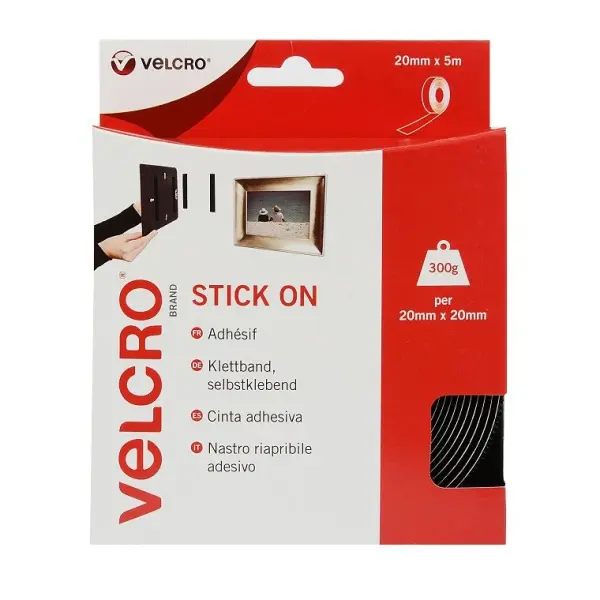 Velcro Stick On Black Hook & Loop Tape 20mm x 5m