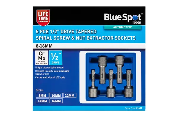 Blue Spot Tools 5件套1/2英寸驱动锥形螺旋螺丝螺母取出器