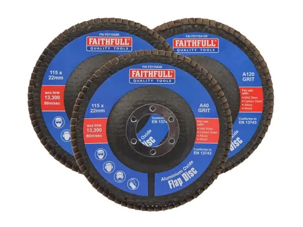 Faithfull Aluminium Oxide Flap Discs - 115 x 22mm Mixed Grit (3 Pack)