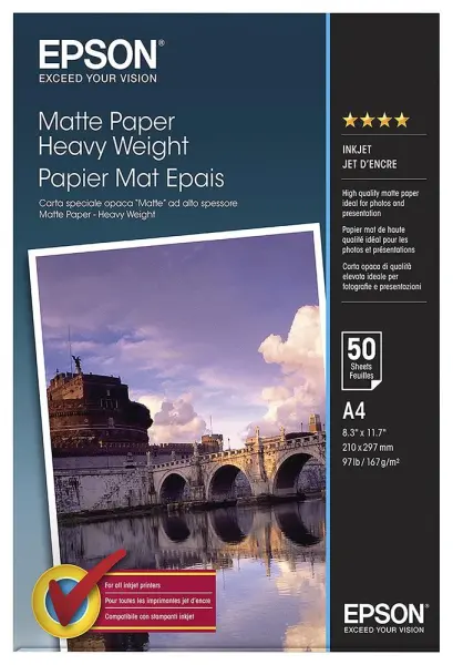 Epson A4 Matt Inkjet Paper, 167gsm, 50 Sheets