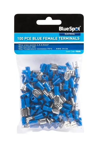 Blue Spot Tools 100pc Blue Female Terminals, Brass & PVC, 1.5-2.5mm²