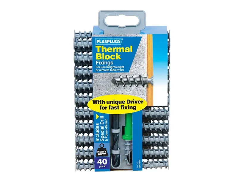 Plasplugs Thermal Block Fixings, 40-Pack with Drill Bit