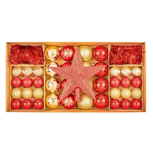 Premier 54-Piece Shatterproof Baubles Set, Red & Gold