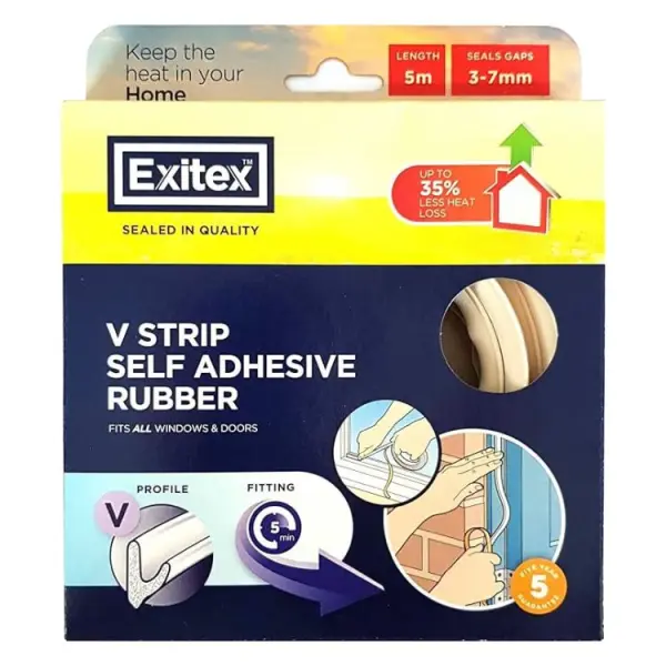 Exitex Self Adhesive V Strip, White, 5 m (3-7 mm Gaps)