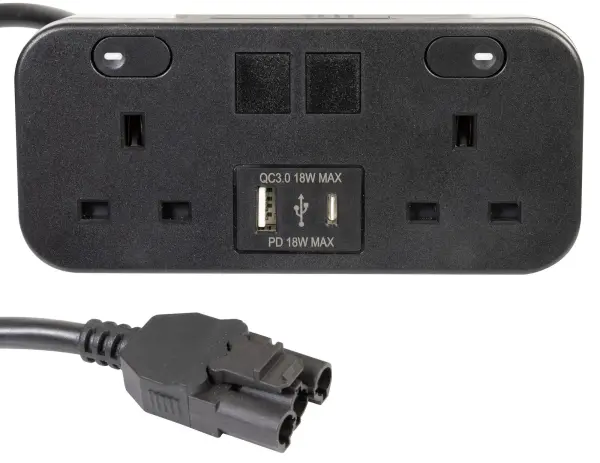 POWERDATA TECHNOLOGIES ICON Desktop Power Unit 2 Gang with USB Charging - Black