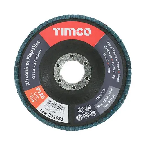 Timco Zirconium Flap Disc, Type 29 Conical, P120 Grit, 115mm x 22.23mm