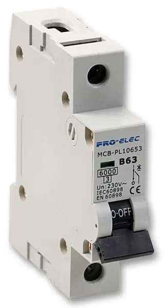 PRO ELEC 63A Enkelpolige MCB, B-curve, 6kA Onderbreekkap