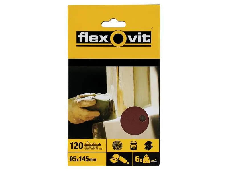 Flexovit Scuabóirí Gaineamh Hook & Loop 95x145mm, Mín 120G (Paca 6)