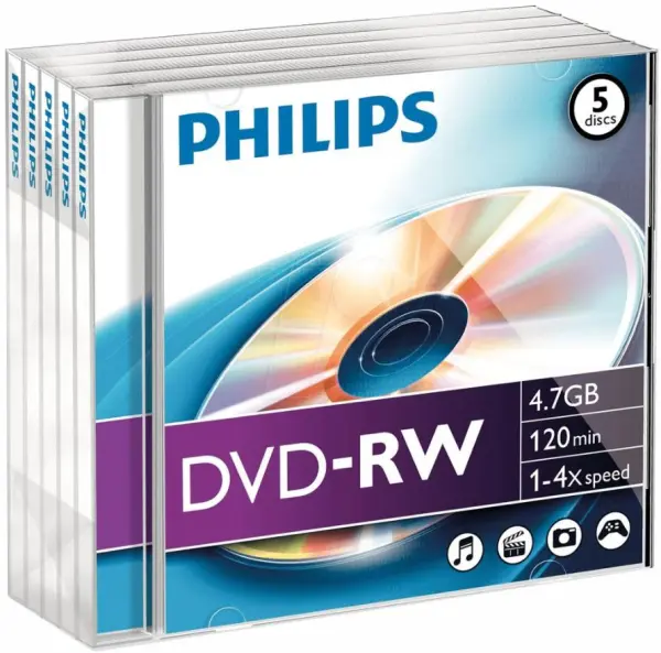 PHILIPS - DVD-RW Réinscriptibles 4x, 5 Disques, Surface Non Imprimable