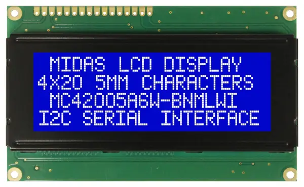 Midas 20x4 LCD Display Module, White on Blue, 5V, I2C Interface